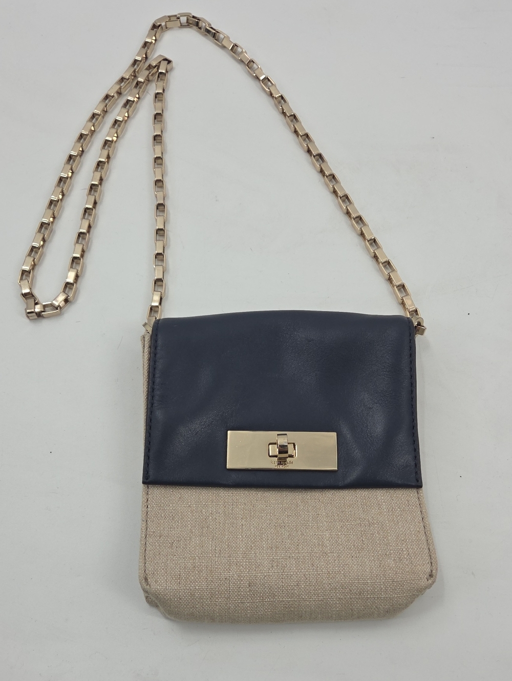 Kate Spade Small Navy and Beige Crossbody Bag with Gold Chain